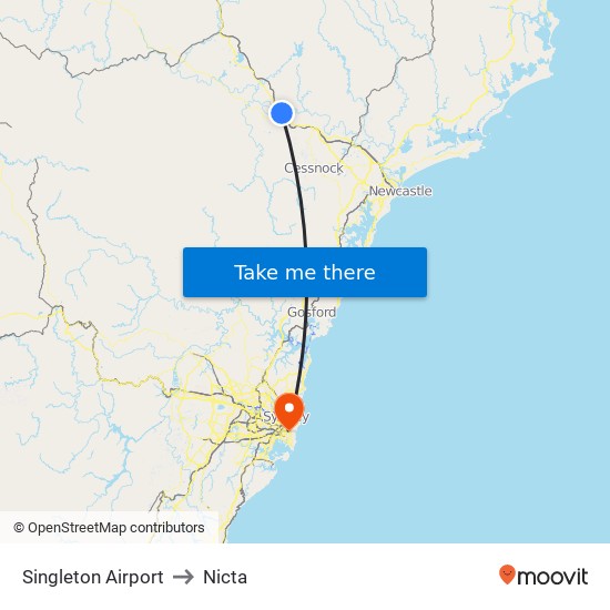 Singleton Airport to Nicta map