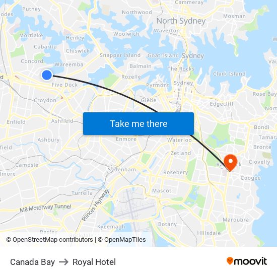 Canada Bay to Royal Hotel map