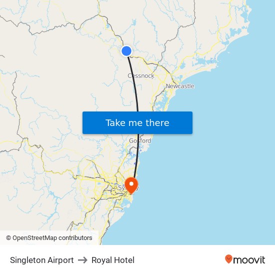 Singleton Airport to Royal Hotel map