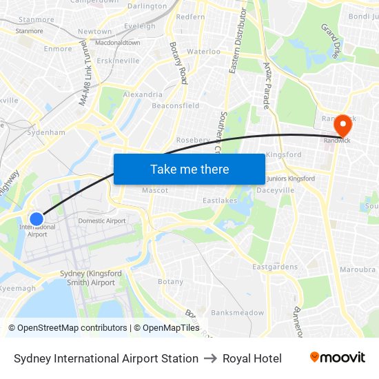 Sydney International Airport Station to Royal Hotel map