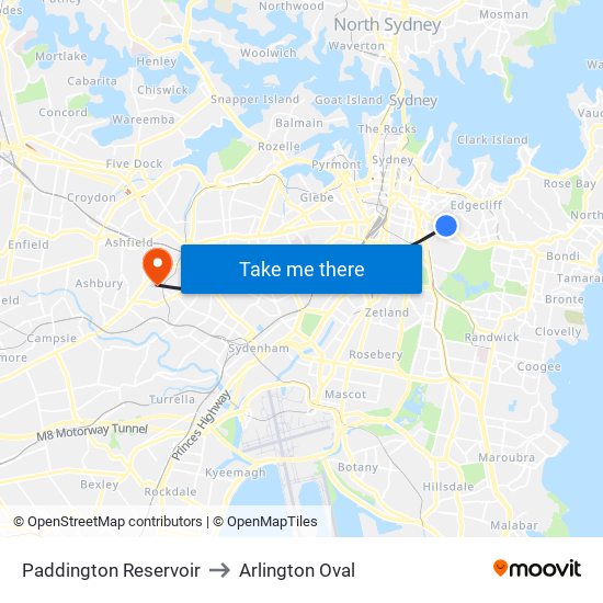 Paddington Reservoir to Arlington Oval map