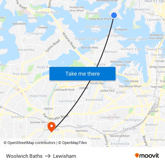 Woolwich Baths to Lewisham map