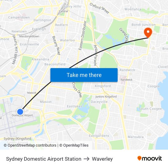 Sydney Domestic Airport Station to Waverley map