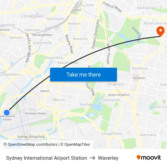 Sydney International Airport Station to Waverley map