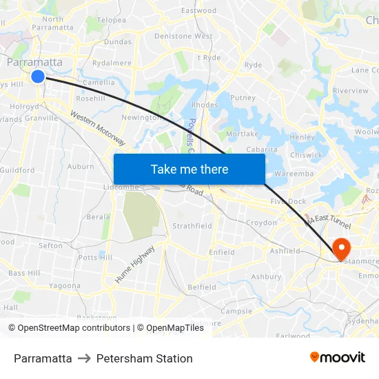 Parramatta to Petersham Station map