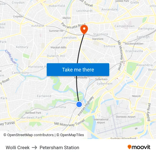 Wolli Creek to Petersham Station map