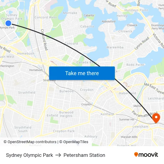 Sydney Olympic Park to Petersham Station map