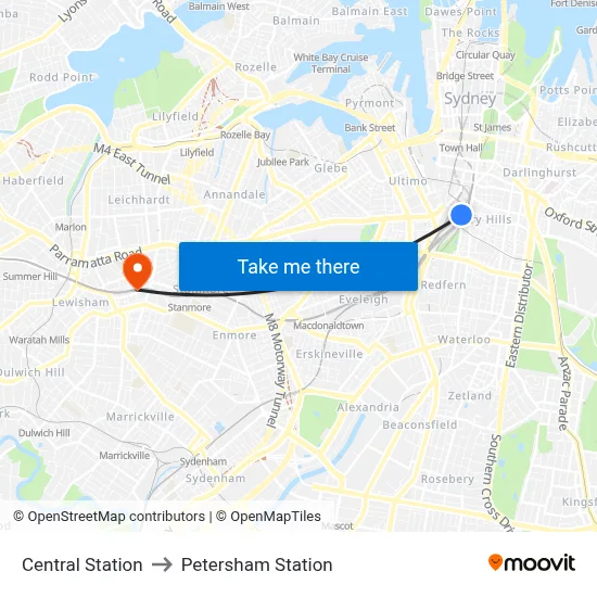 Central Station to Petersham Station map