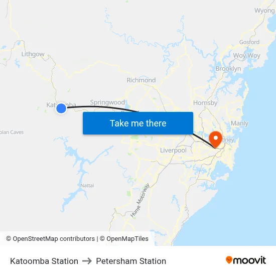 Katoomba Station to Petersham Station map