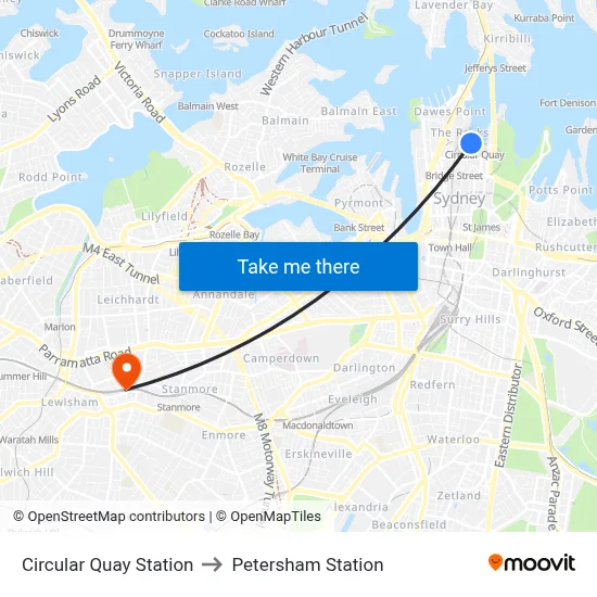 Circular Quay Station to Petersham Station map