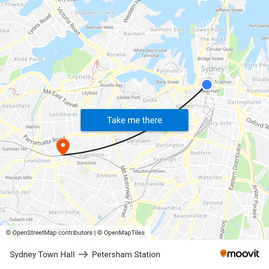 Sydney Town Hall to Petersham Station map