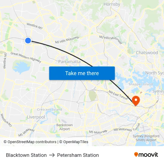 Blacktown Station to Petersham Station map