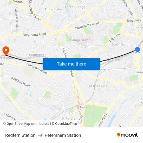 Redfern Station to Petersham Station map