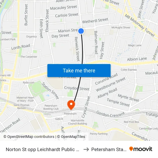 Norton St opp Leichhardt Public School to Petersham Station map