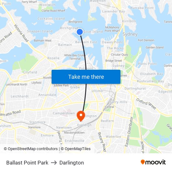 Ballast Point Park to Darlington map