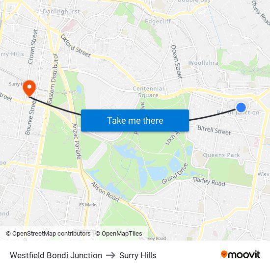 Westfield Bondi Junction to Surry Hills map