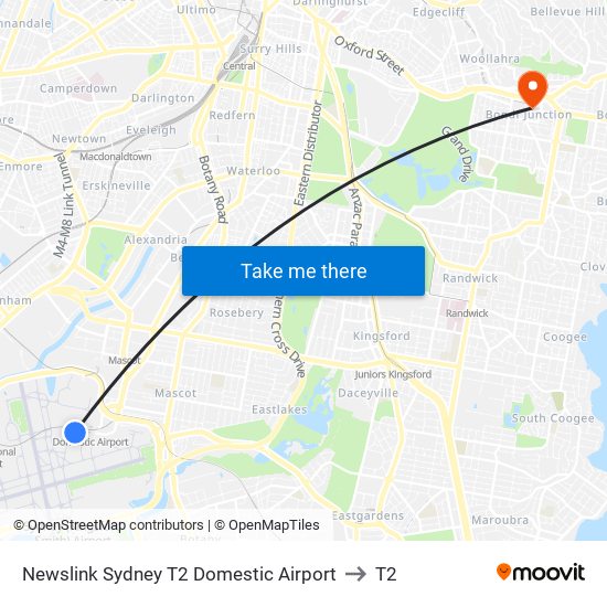 Newslink Sydney T2 Domestic Airport to T2 map