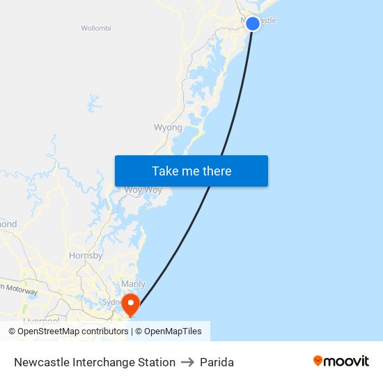 Newcastle Interchange Station to Parida map