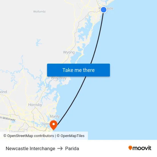 Newcastle Interchange Station to Parida map