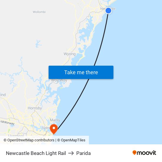 Newcastle Beach Light Rail to Parida map