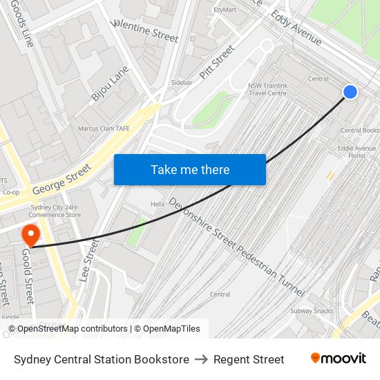 Sydney Central Station Bookstore to Regent Street map