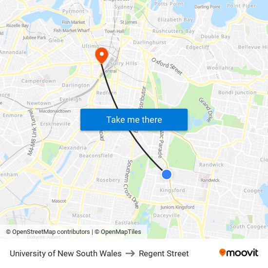 University Of New South Wales to Regent Street map