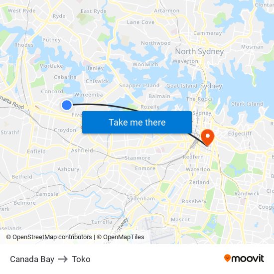 Canada Bay to Toko map