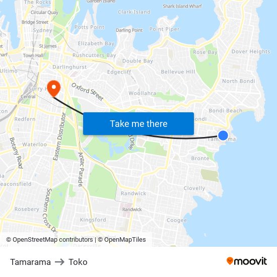 Tamarama to Toko map