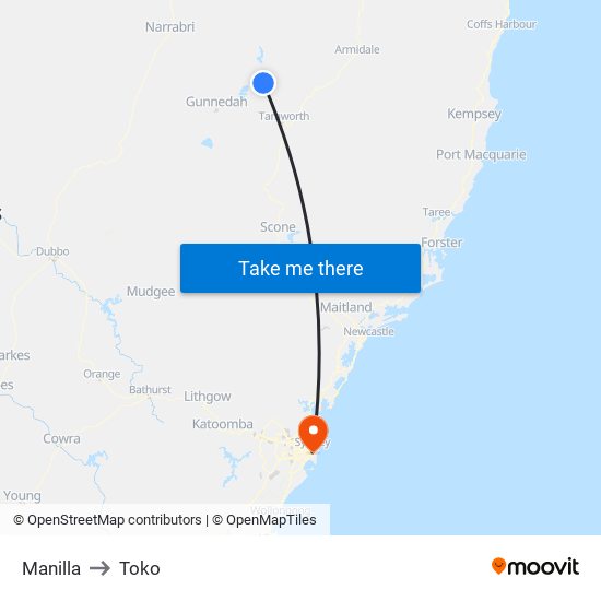 Manilla to Toko map