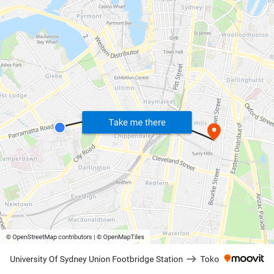 University Of Sydney Union Footbridge Station to Toko map