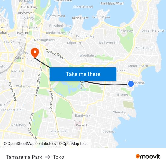 Tamarama Park to Toko map