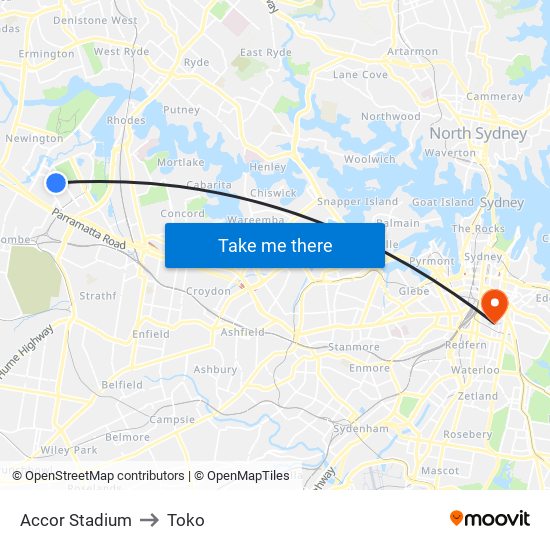Stadium Australia to Toko map