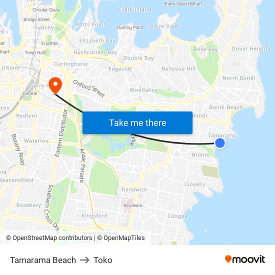 Tamarama Beach to Toko map