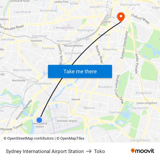 Sydney International Airport Station to Toko map