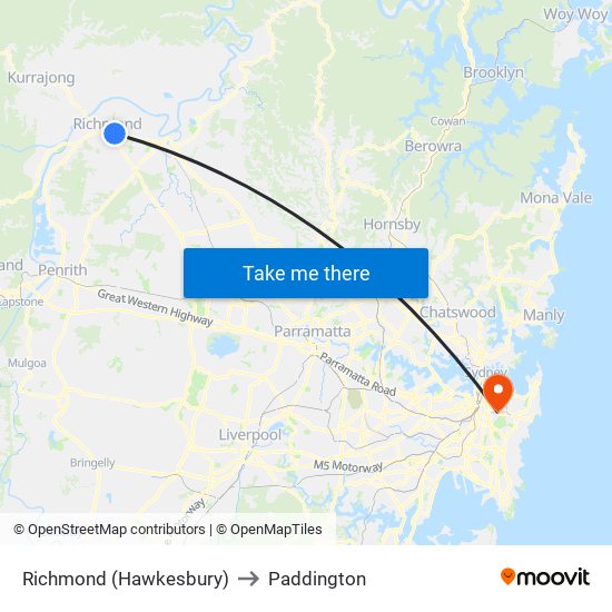 Richmond (Hawkesbury) to Paddington map