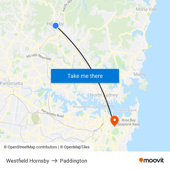 Westfield Hornsby to Paddington map