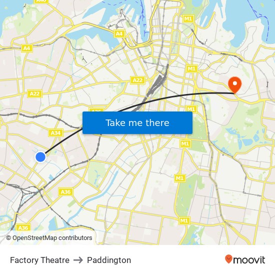 Factory Theatre to Paddington map