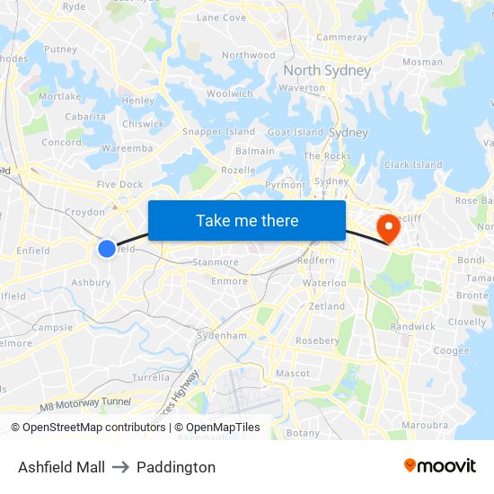 Ashfield Mall to Paddington map