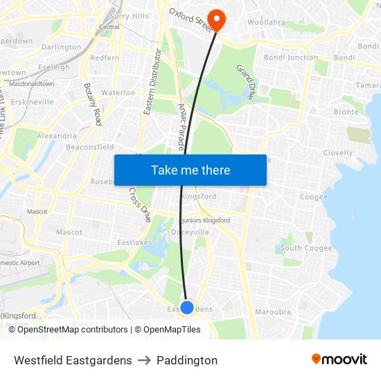 Westfield Eastgardens to Paddington map