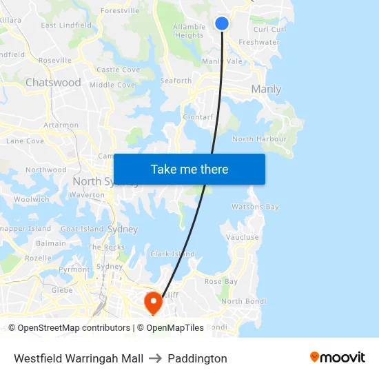 Westfield Warringah Mall to Paddington map