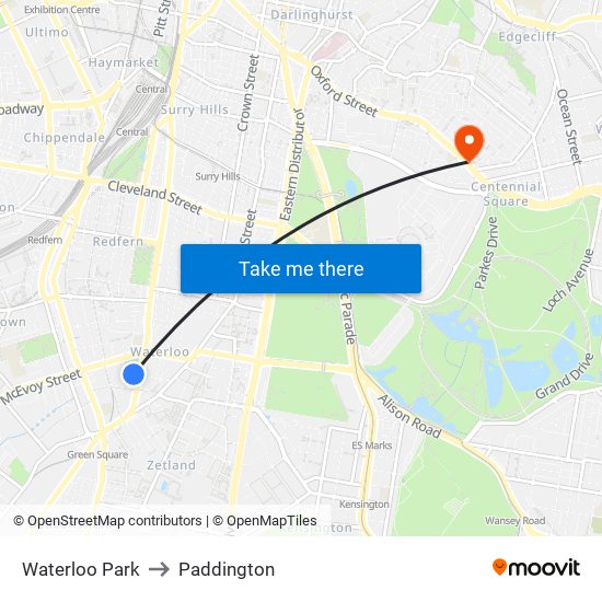 Waterloo Oval to Paddington map