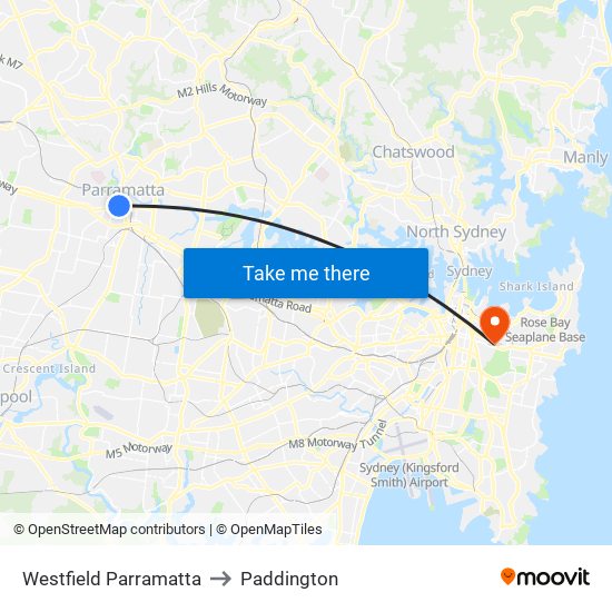 Westfield Parramatta to Paddington map