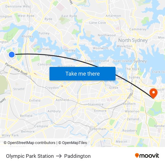 Olympic Park Station to Paddington map