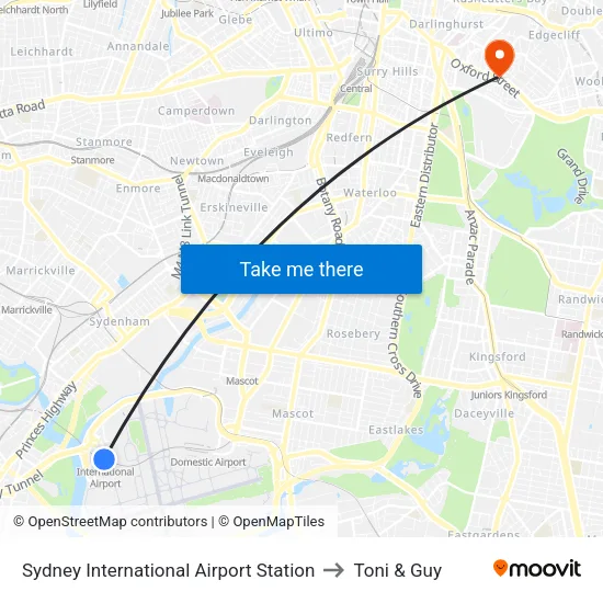 Sydney International Airport Station to Toni & Guy map