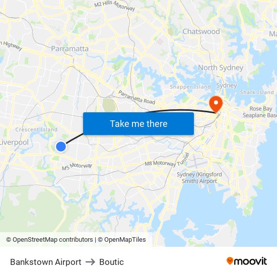 Bankstown Airport to Boutic map