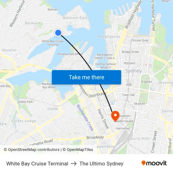 White Bay Cruise Terminal to The Ultimo Sydney map