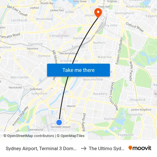 Sydney Airport, Terminal 3 Domestic to The Ultimo Sydney map