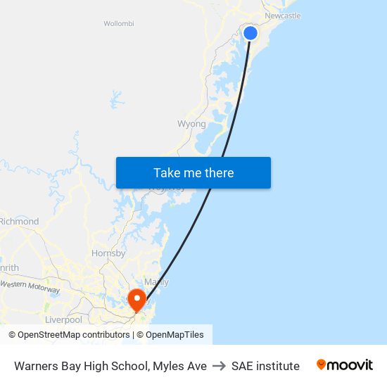 Warners Bay High School, Myles Ave to SAE institute map