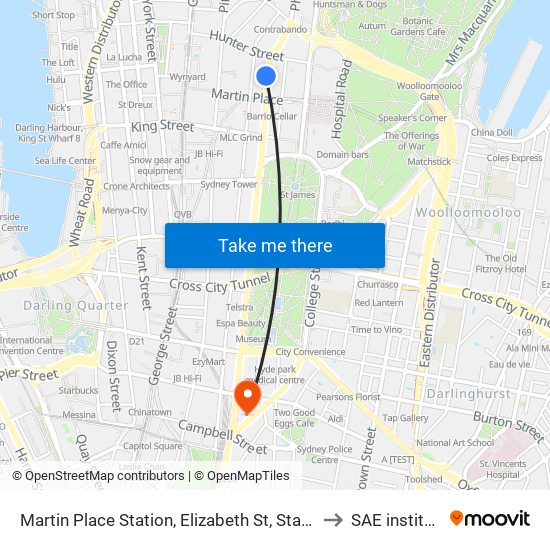 Martin Place Station, Elizabeth St, Stand C to SAE institute map