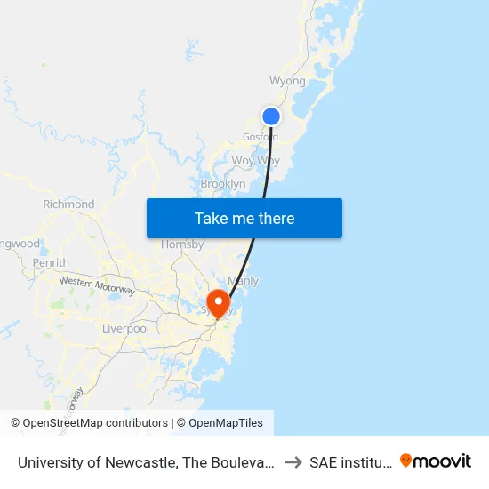 University of Newcastle, The Boulevarde to SAE institute map